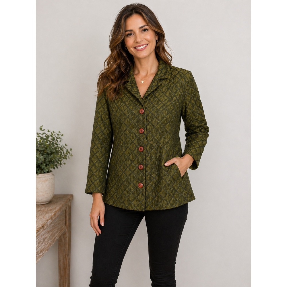 COLDWATER CREEK Jacket Olive Green PXS Quilted Mandarin Diamond Buttons Sz 4 NWT
